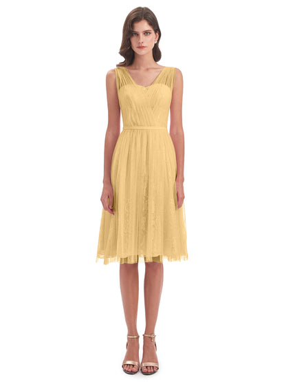 Savannah Knee Length V-neck Straps Tulle Bridesmaid Dresses