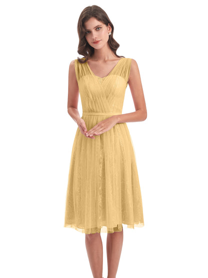 Savannah Knee Length V-neck Straps Tulle Bridesmaid Dresses