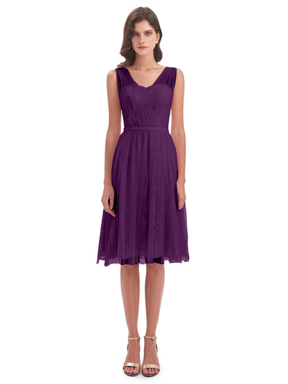 Savannah Knee Length V-neck Straps Tulle Bridesmaid Dresses