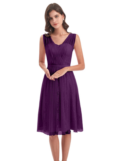 Savannah Knee Length V-neck Straps Tulle Bridesmaid Dresses