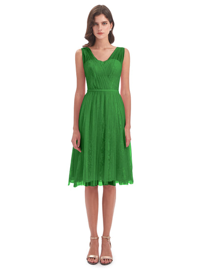 Savannah Knee Length V-neck Straps Tulle Bridesmaid Dresses