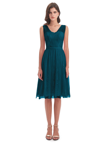 Savannah Knee Length V-neck Straps Tulle Bridesmaid Dresses