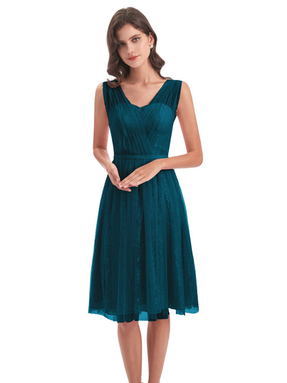 Savannah Knee Length V-neck Straps Tulle Bridesmaid Dresses