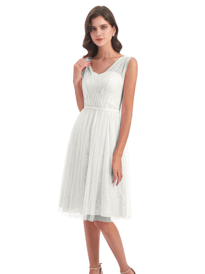Savannah Knee Length V-neck Straps Tulle Bridesmaid Dresses