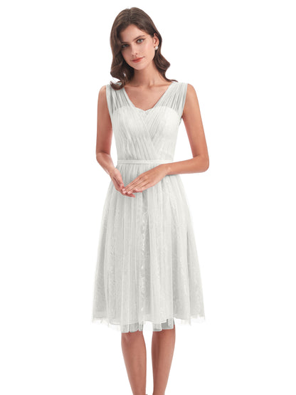 Savannah Knee Length V-neck Straps Tulle Bridesmaid Dresses