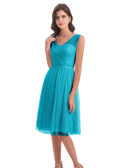 Savannah Knee Length V-neck Straps Tulle Bridesmaid Dresses