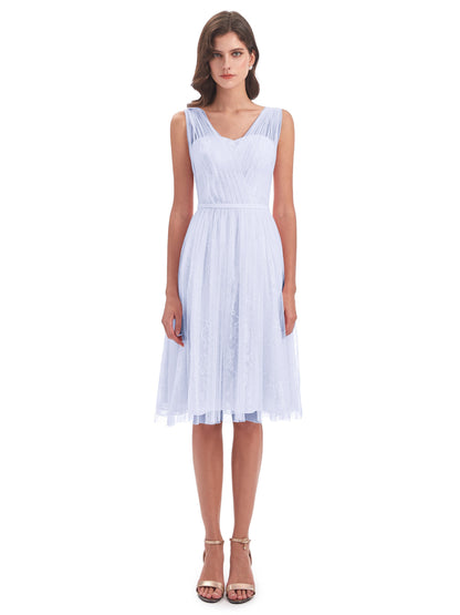 Savannah Knee Length V-neck Straps Tulle Bridesmaid Dresses