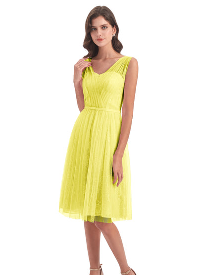 Savannah Knee Length V-neck Straps Tulle Bridesmaid Dresses