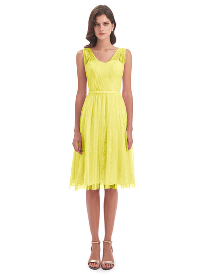 Savannah Knee Length V-neck Straps Tulle Bridesmaid Dresses