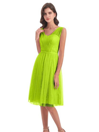 Savannah Knee Length V-neck Straps Tulle Bridesmaid Dresses