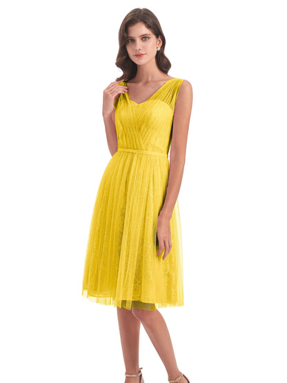 Savannah Knee Length V-neck Straps Tulle Bridesmaid Dresses
