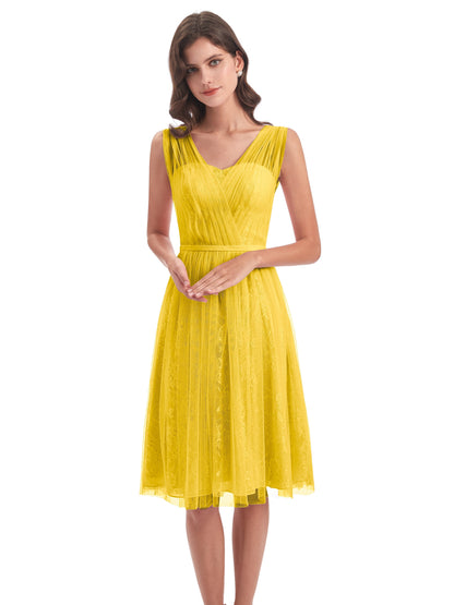 Savannah Knee Length V-neck Straps Tulle Bridesmaid Dresses