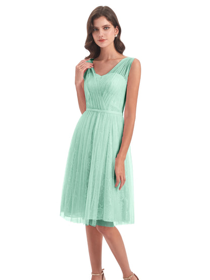 Savannah Knee Length V-neck Straps Tulle Bridesmaid Dresses
