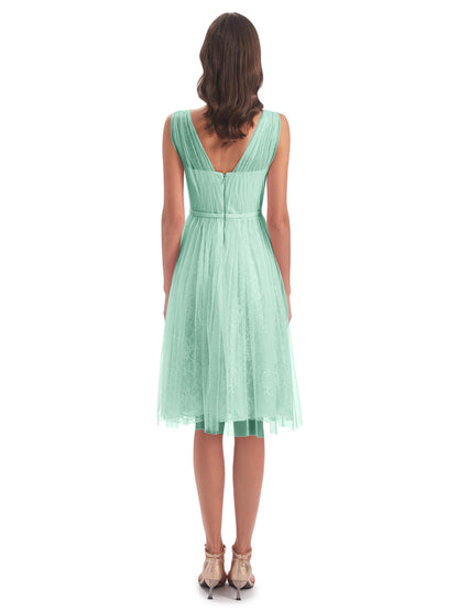 Savannah Knee Length V-neck Straps Tulle Bridesmaid Dresses