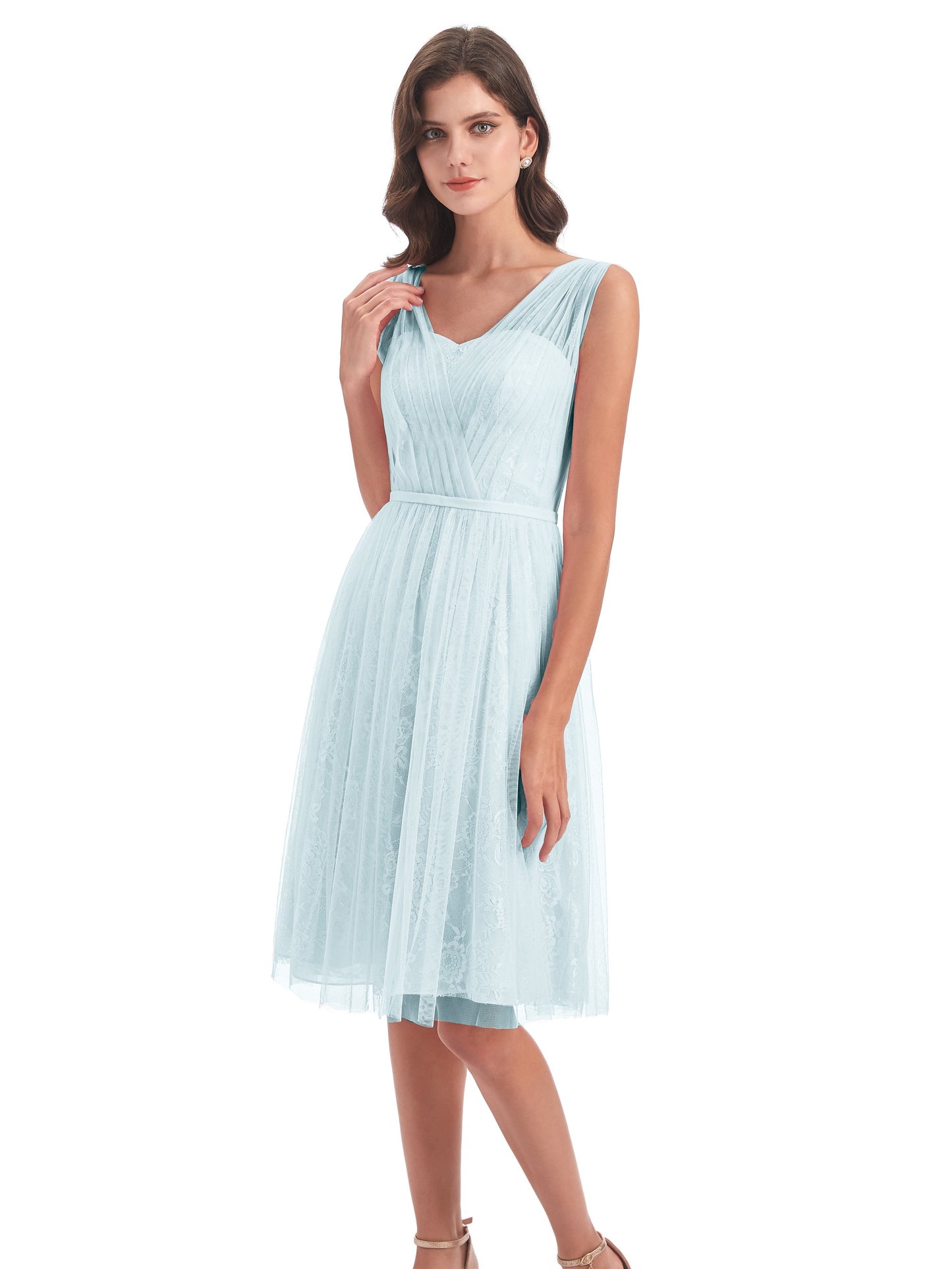 Savannah Knee Length V-neck Straps Tulle Bridesmaid Dresses