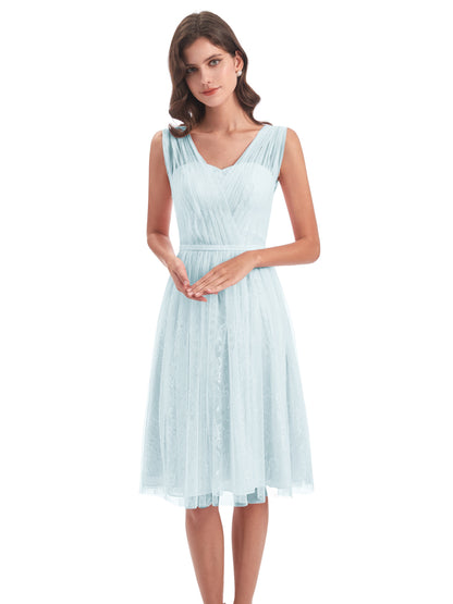 Savannah Knee Length V-neck Straps Tulle Bridesmaid Dresses