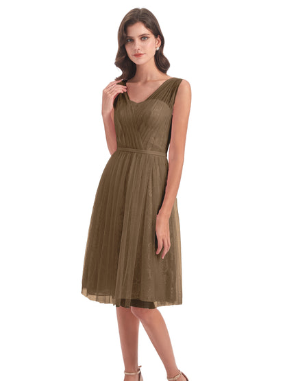 Savannah Knee Length V-neck Straps Tulle Bridesmaid Dresses