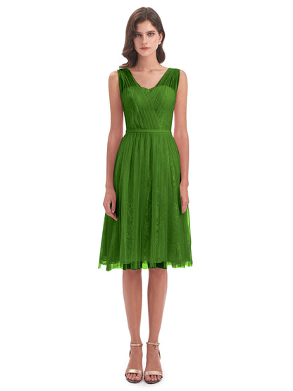 Savannah Knee Length V-neck Straps Tulle Bridesmaid Dresses