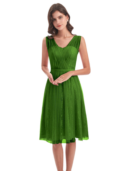 Savannah Knee Length V-neck Straps Tulle Bridesmaid Dresses