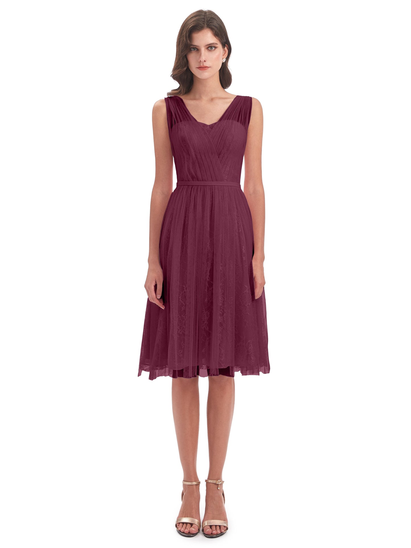Savannah Knee Length V-neck Straps Tulle Bridesmaid Dresses