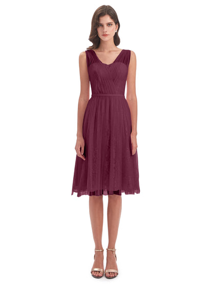 Savannah Knee Length V-neck Straps Tulle Bridesmaid Dresses