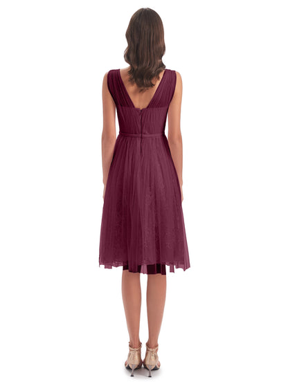 Savannah Knee Length V-neck Straps Tulle Bridesmaid Dresses