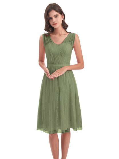 Savannah Knee Length V-neck Straps Tulle Bridesmaid Dresses
