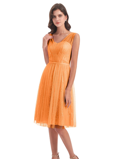 Savannah Knee Length V-neck Straps Tulle Bridesmaid Dresses