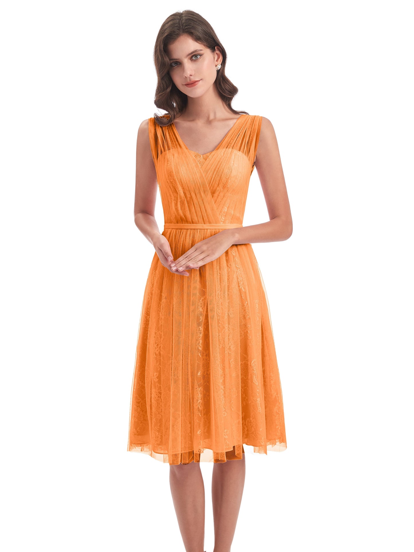 Savannah Knee Length V-neck Straps Tulle Bridesmaid Dresses