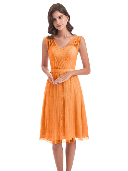 Savannah Knee Length V-neck Straps Tulle Bridesmaid Dresses