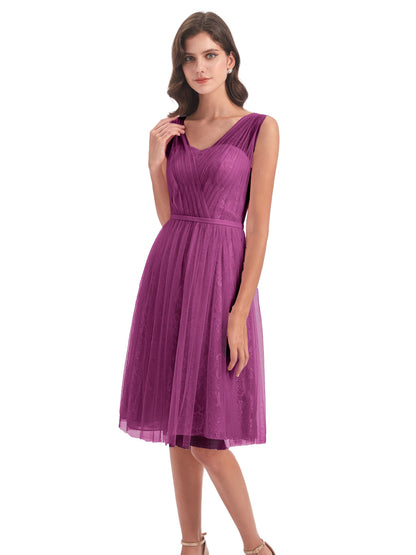 Savannah Knee Length V-neck Straps Tulle Bridesmaid Dresses