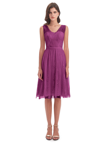 Savannah Knee Length V-neck Straps Tulle Bridesmaid Dresses
