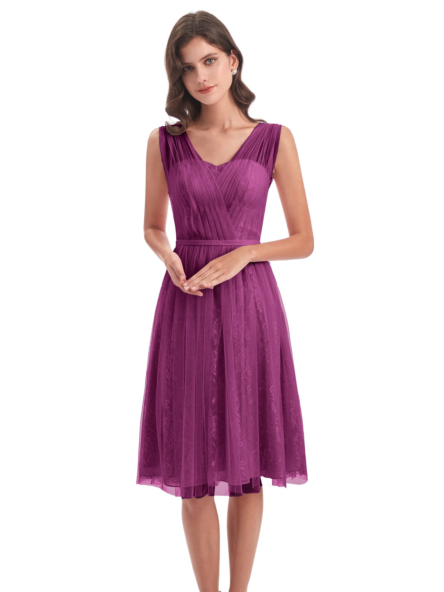 Savannah Knee Length V-neck Straps Tulle Bridesmaid Dresses