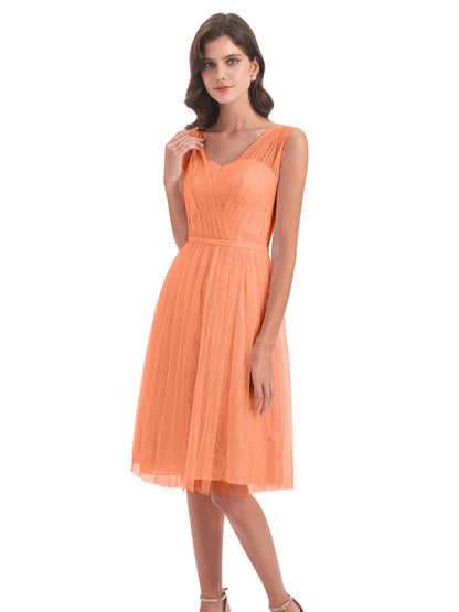 Savannah Knee Length V-neck Straps Tulle Bridesmaid Dresses