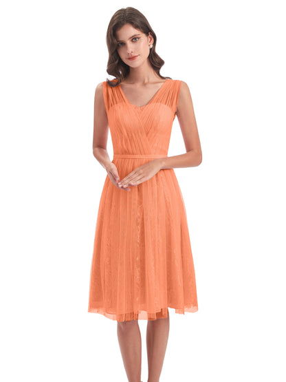 Savannah Knee Length V-neck Straps Tulle Bridesmaid Dresses