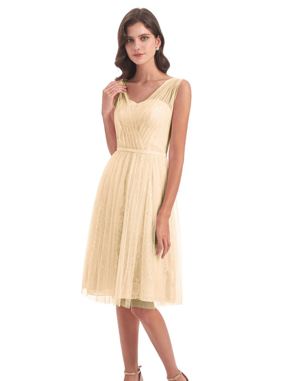 Savannah Knee Length V-neck Straps Tulle Bridesmaid Dresses