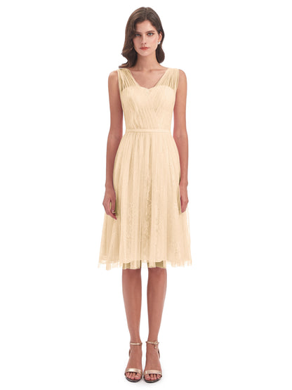 Savannah Knee Length V-neck Straps Tulle Bridesmaid Dresses