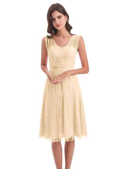 Savannah Knee Length V-neck Straps Tulle Bridesmaid Dresses