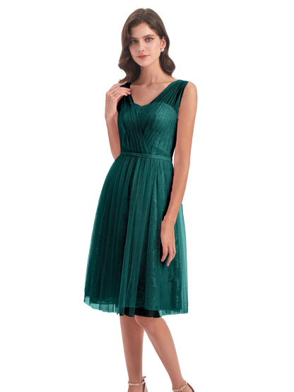 Savannah Knee Length V-neck Straps Tulle Bridesmaid Dresses