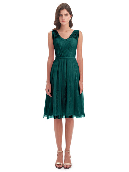 Savannah Knee Length V-neck Straps Tulle Bridesmaid Dresses