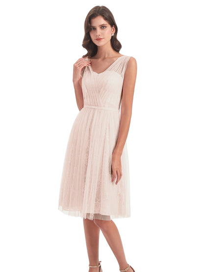 Savannah Knee Length V-neck Straps Tulle Bridesmaid Dresses
