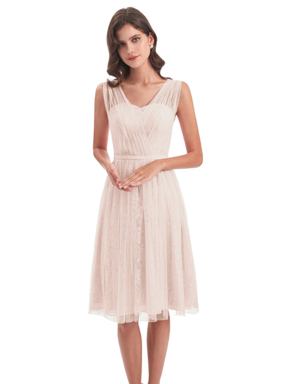 Savannah Knee Length V-neck Straps Tulle Bridesmaid Dresses