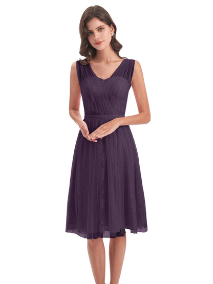 Savannah Knee Length V-neck Straps Tulle Bridesmaid Dresses