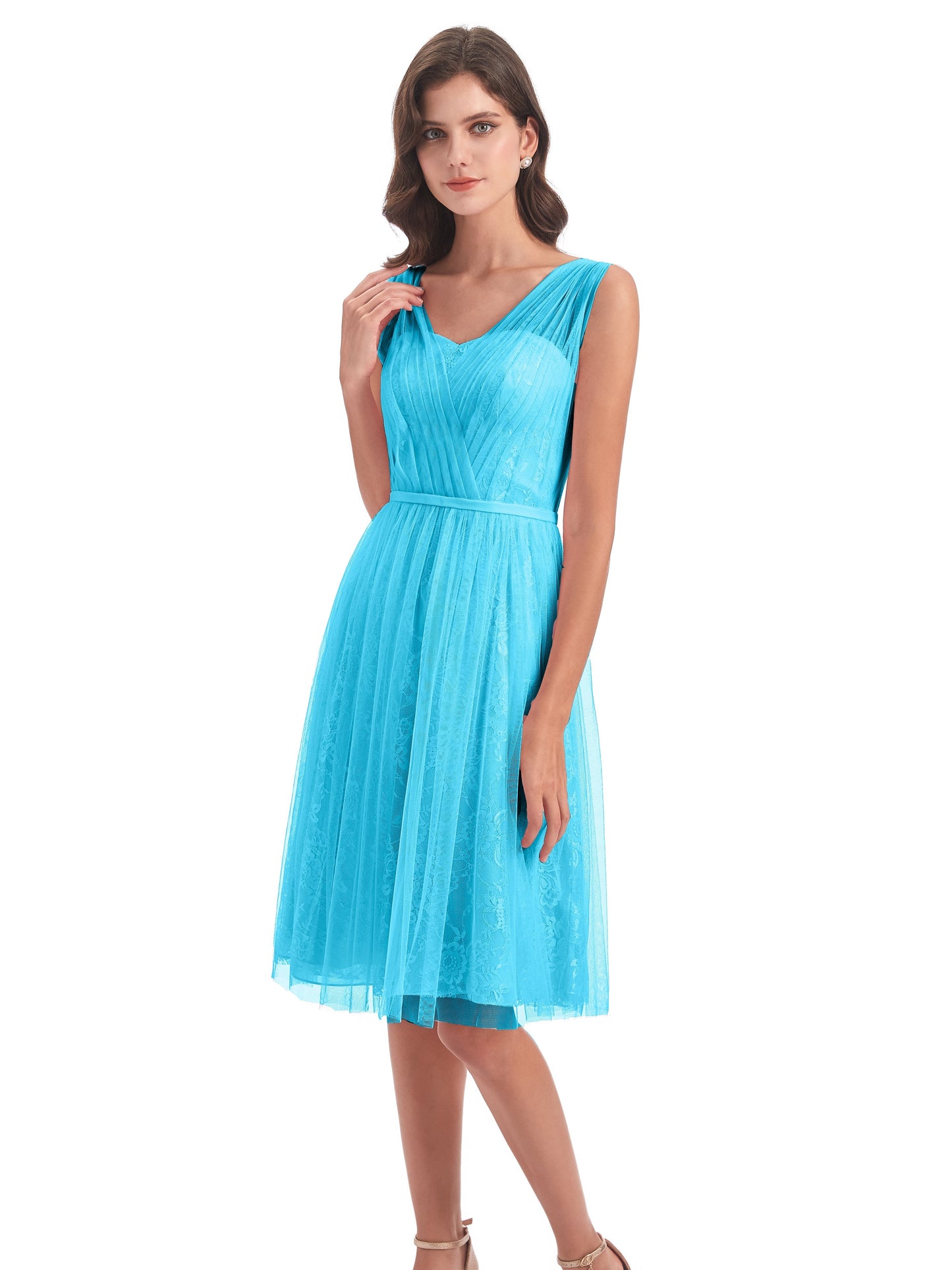 Savannah Knee Length V-neck Straps Tulle Bridesmaid Dresses