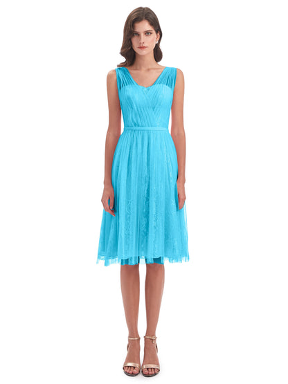 Savannah Knee Length V-neck Straps Tulle Bridesmaid Dresses