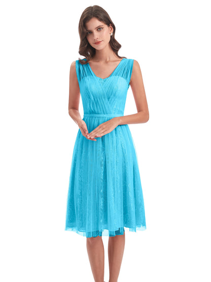 Savannah Knee Length V-neck Straps Tulle Bridesmaid Dresses