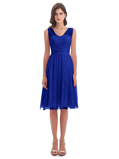 Savannah Knee Length V-neck Straps Tulle Bridesmaid Dresses