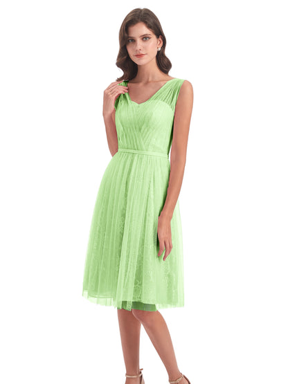 Savannah Knee Length V-neck Straps Tulle Bridesmaid Dresses