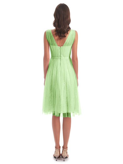 Savannah Knee Length V-neck Straps Tulle Bridesmaid Dresses