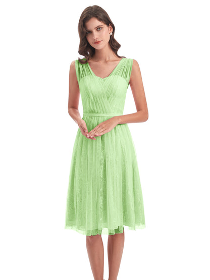 Savannah Knee Length V-neck Straps Tulle Bridesmaid Dresses